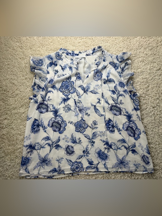 Maison D' Amelie Tops - Blue Floral Ruffle Sleeve Womens Top - White & Blue XL